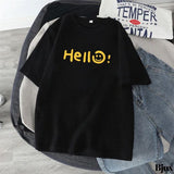 BLACK T SHIRT HELLO ROUND NECK