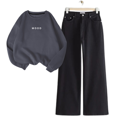 Wide Leg Jeans with Charcoal Grey Mood Sweatshirt.