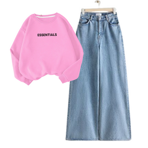 Ice Blue Wide Leg Jeans with Regular Pink Essential Sweatshirt