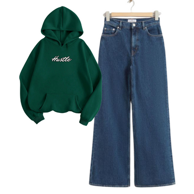 Dark Blue Wide Leg Jeans with Oversized Dark Green Hustle