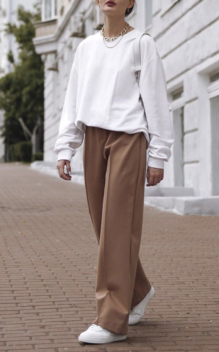 Classic Comfort Duo: White Sweatshirt & Brown Formal Pants