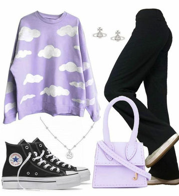 FASHION OUTFIT  CLOUDS LILAC SWEATSHIRT WITH BLACK WIDE LEG JEAN