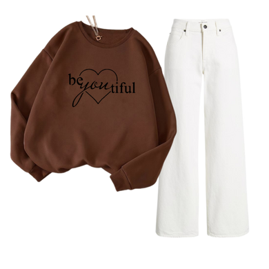 White Wide Leg Jeans with Regular Brown beyoutifull heart sweatshirt