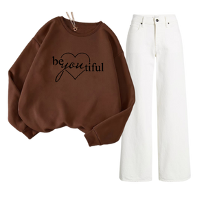 White Wide Leg Jeans with Regular Brown beyoutifull heart sweatshirt