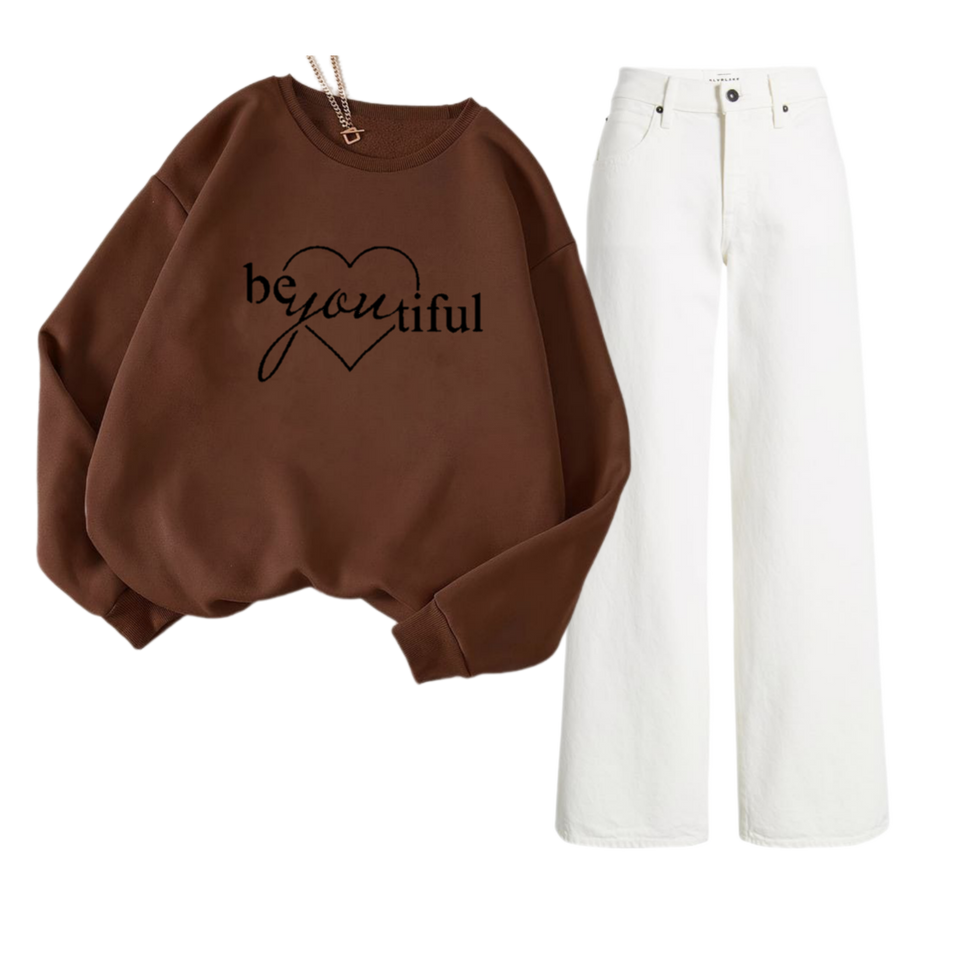 White Wide Leg Jeans with Regular Brown beyoutifull heart sweatshirt