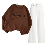 White Wide Leg Jeans with Regular Brown beyoutifull heart sweatshirt