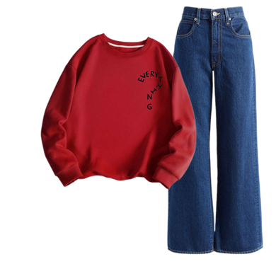 Dark Blue Wide Leg Jeans with oversize Red everything Sweatshirt