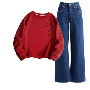 Dark Blue Wide Leg Jeans with oversize Red everything Sweatshirt