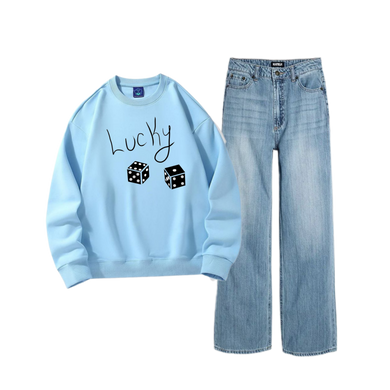 Ice Blue Wide Leg Jeans with Regular sky blue lucky Sweatshirt