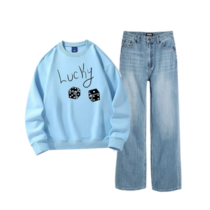 Ice Blue Wide Leg Jeans with Regular sky blue lucky Sweatshirt