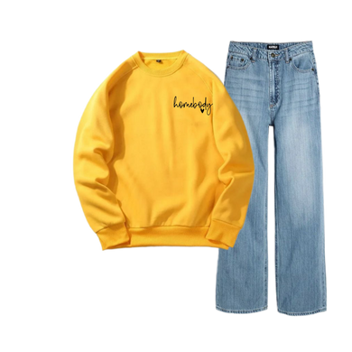 Ice Blue Wide Leg Jeans with Yellow Homebody Sweatshirt