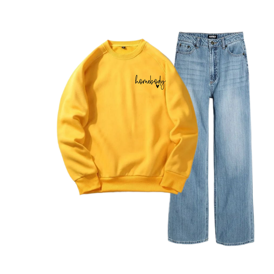 Ice Blue Wide Leg Jeans with Yellow Homebody Sweatshirt