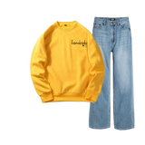 Ice Blue Wide Leg Jeans with Yellow Homebody Sweatshirt