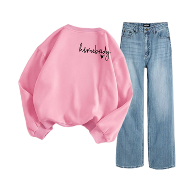 Ice Blue Wide Leg Jeans with Regular Pink Homebody Sweatshirt