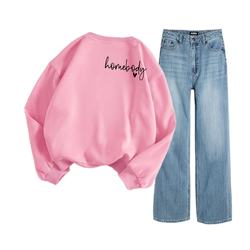 Ice Blue Wide Leg Jeans with Regular Pink Homebody Sweatshirt