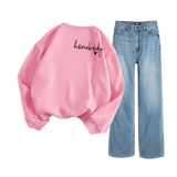 Ice Blue Wide Leg Jeans with Regular Pink Homebody Sweatshirt