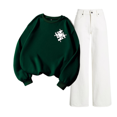 White Wide Leg Jeans with Regular Dark Green Heart Maze