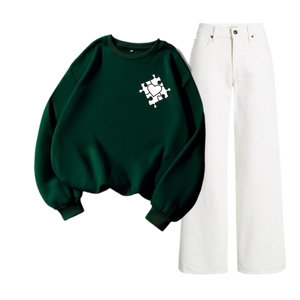 White Wide Leg Jeans with Regular Dark Green Heart Maze