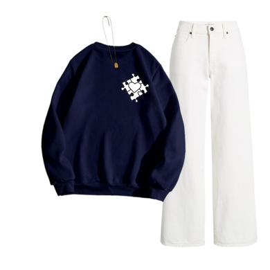 White Wide Leg Jeans with Regular Dark Blue Heart Maze