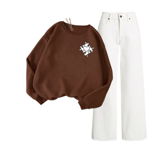 White Wide Leg Jeans with Regular Brown Heart Maze