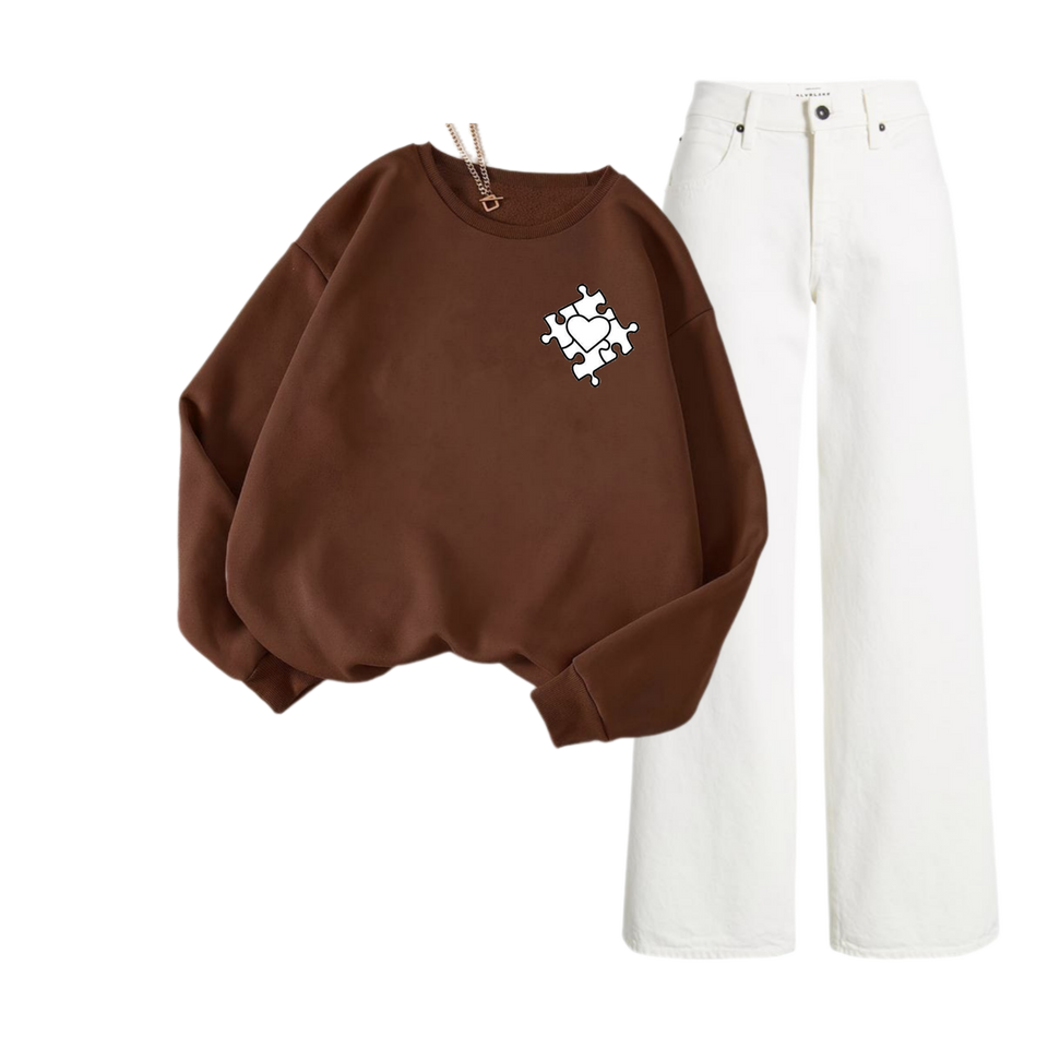 White Wide Leg Jeans with Regular Brown Heart Maze