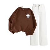 White Wide Leg Jeans with Regular Brown Heart Maze