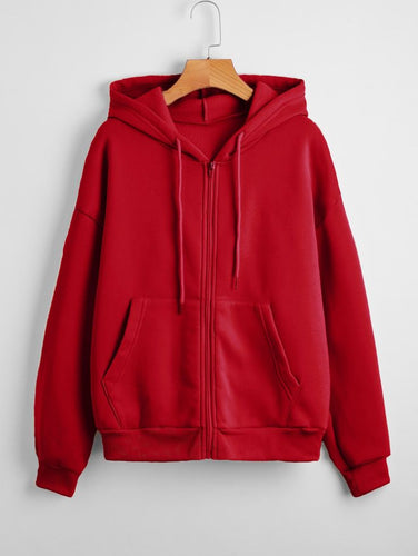 Aesthetic Red Solid Zipper Hoodie for Women – Stylish & Comfortable Everyday Wear