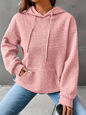 Waffle Grid Drawstring Hoodie Casual Long Sleeve Kangaroo - pink