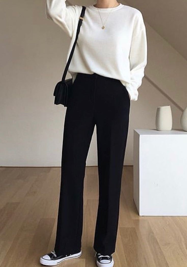 Chic Half-White Sweatshirt with Long Sleeves & Classic Black Formal Pants combo