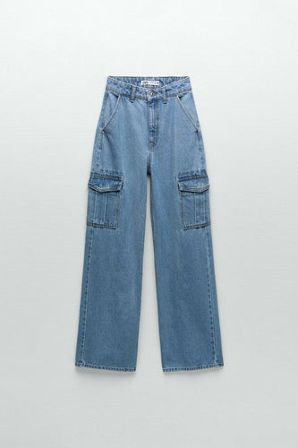 Blue high waist flap pocket Cargo Denim Pants - Effortless Style and Comfort