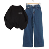 Mid Blue Wide Leg Jeans with Black Be cool Be  kind Sweatshirt