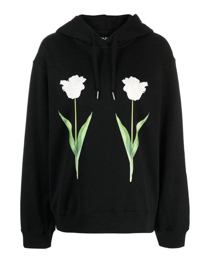 BLACK HOODIE TWO FLOWERS -WOMEN