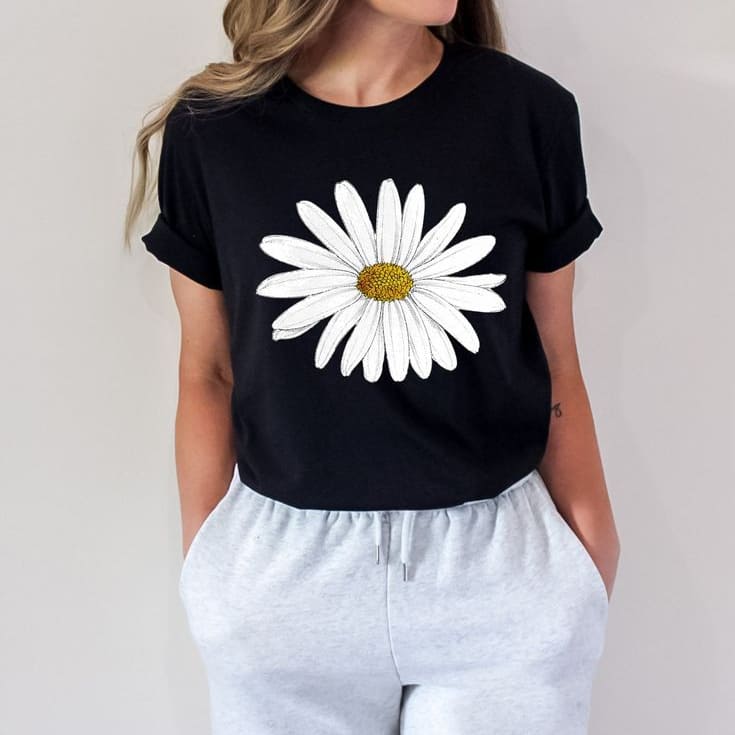 BLACK TSHIRT WITH WHITE FLOWER FRONT-WOMEN