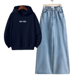 Ice Blue Wide Leg Jeans with Regular Navy Blue Oh Yes Hoodie