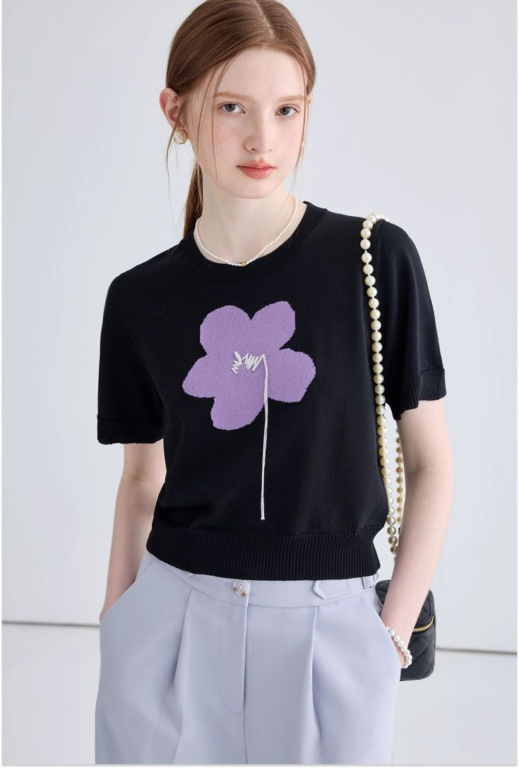 BLACK T SHIRT WITH PURPLE FRONT FLOWER-WOMEN