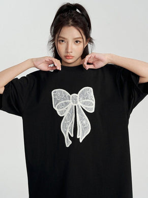 BLACK T SHIRT WITH GREY AND WHITE FRONT BOW-WOMEN