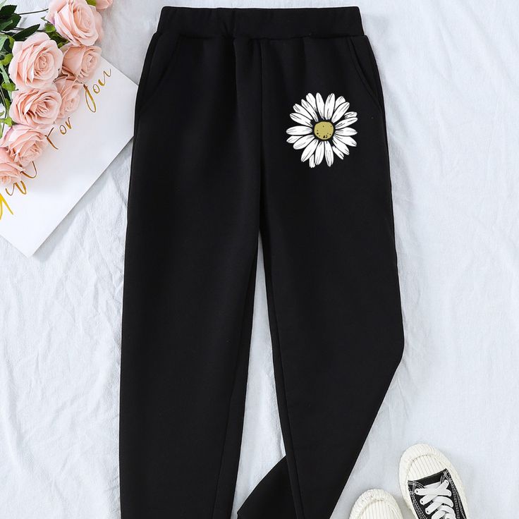 BLACK TROUSER WITH WHITE FLOER ON POCKET-WOMEN